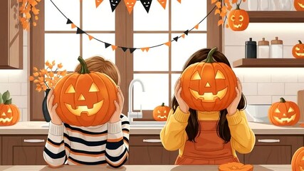 Two children holding carved pumpkins in front of their faces in a kitchen decorated for halloween - Powered by Adobe