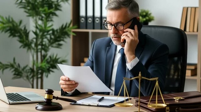 Lawyer in a suit talking on the phone and reviewing documents in his office with scales of justice