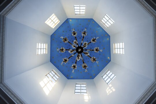 Interior view, octagonal ceiling with chandelier, Tserkov Russian Orthodox Church, Teploklyuchenka, Kyrgyzstan