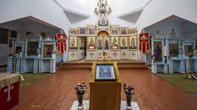 Interior view with altar, Tserkov Russian Orthodox Church, Teploklyuchenka, Kyrgyzstan