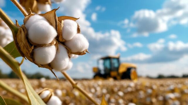Freshly harvested cotton bolls are loaded onto a truck, ready for transport from the field under a bright blue sky, promising a bountiful harvest and the continuation of the textile industry