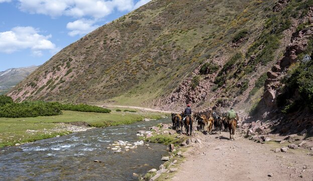 Shepherds on horses driving herd of horses along a track by a mountain stream, mountain landscape in Karkyra valley, Karkyra river, Kyrgyzstan