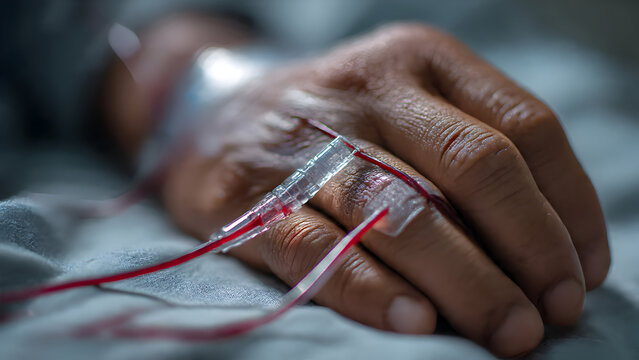 Professional close-up of hemodialysis treatment documentation with nurse recording data near male patient's hand