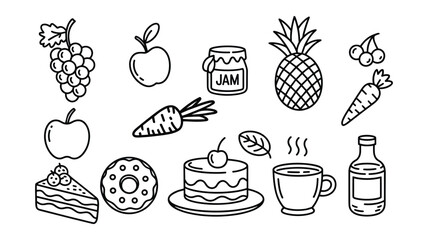 Collection of Hand Drawn Food and Drink Icons with Fruits Vegetables and Sweets Keywords: food, icons, fruit, vegetables, sweets, jam, apple, grapes, pineapple, cherries, carrot, cake, donut