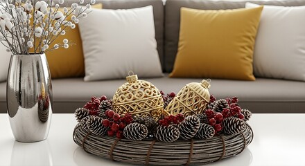 A festive holiday centerpiece with golden baubles, pinecones, and red berries on a coffee table in a cozy living room.