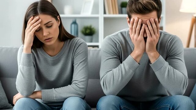 Couple sitting on a sofa, looking distressed and covering their faces, relationship problem concept
