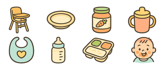 Baby feeding icons: high chair, bottle, bib, baby food, happy infant face