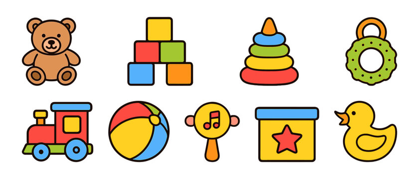 Colorful cartoon baby toys including bear, blocks, and duck on white background