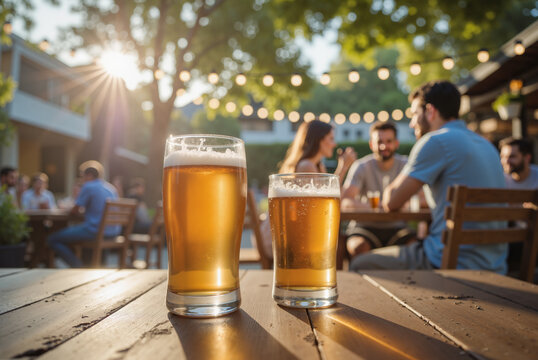 Outdoor Beer Garden Celebration - Refreshing Pints on Wooden Table with Bokeh Lights for International Beer Day Events, Friendship Gatherings, and Social Media Content - Powered by Adobe
