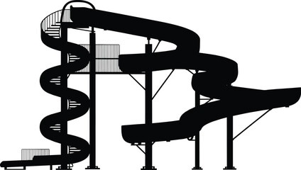 Large spiral water slide silhouette structure showing curves, platforms and supports for amusement park, aquapark, summer recreation and entertainment design projects
