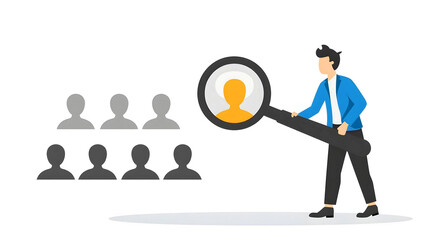 A person in a blue suit with a magnifying glass highlighting an orange silhouette among gray figures, illustrating the job recruitment process and business career concept, 