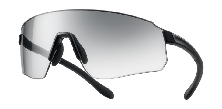Frameless cycling glasses with adaptive photochromic lenses.