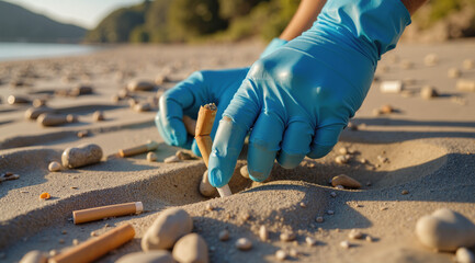 Ecological Waste Removal – Blue Gloved Hands Collecting Plastic Debris for Environmental Protection Campaigns and Sustainability Awareness