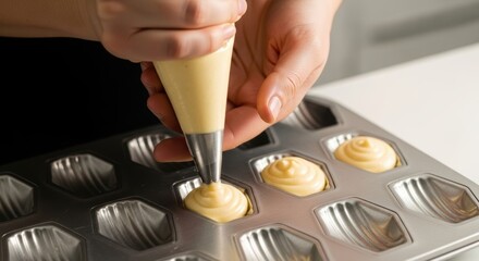 Pipe the dough from the piping bag into the madeleine mold.