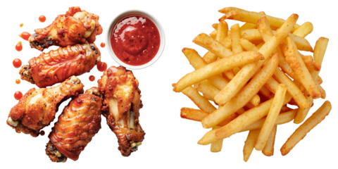 Fried Chicken Wings and French Fries – Crispy Appetizer with Ketchup Dip for Food Blogs and Menu Design