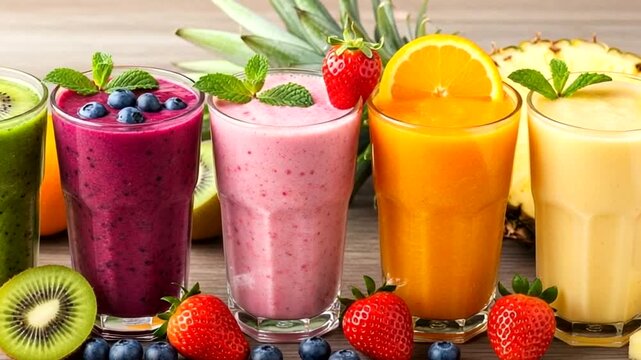 Assortment of colorful fruit smoothies in glasses with fresh fruits on a wooden table, healthy lifestyle concept