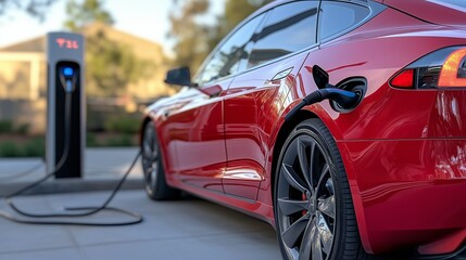 Electric car charging at a charging station during daylight in a suburban area