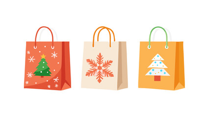 Set of winter Christmas shopping paper bag flat vector stock  illustration.Holidays gift bag elements .White background. icon