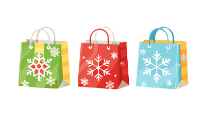 Set of winter Christmas shopping paper bag flat vector stock  illustration.Holidays gift bag elements .White background. icon