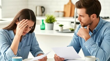 Couple looking stressed while reviewing bills and documents at a kitchen table - Powered by Adobe