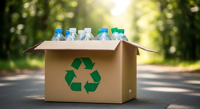 Recycling box filled with plastic bottles ready for collection and reuse