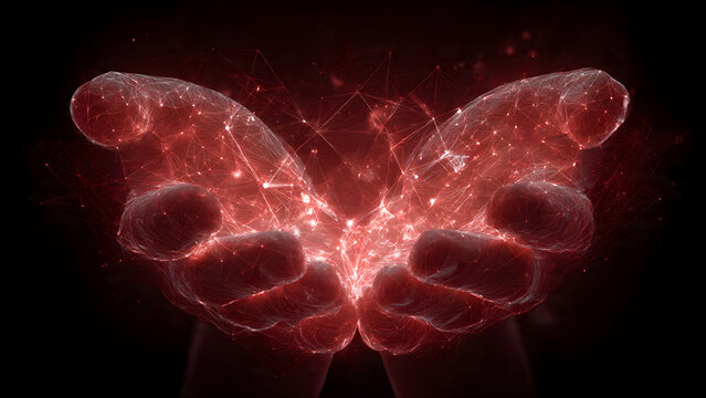 Hyper-realistic hand holding abstract polygonal blood drop with glowing cobalt blue wireframe edges, transparent geometric mesh, and radiant light particle design