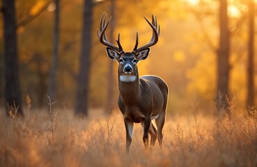 Obraz premium Majestic buck whitetail deer stands in golden autumn field during sunset. Antlers tall, fur brown, white chest patch visible. Sunlight shines through trees, illuminating tall grass.