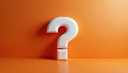 White three dimensional question mark on bright orange studio background. Symbol represents inquiry, doubt, or seeking answers. Versatile graphic for business and education.