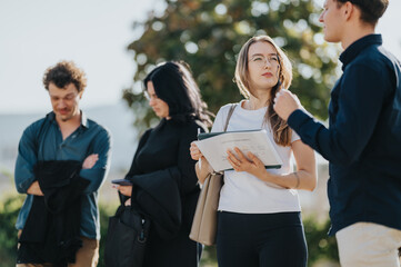 Obraz premium A group of young professionals stands outdoors, discussing and sharing documents. One woman holds a notebook while others converse, conveying teamwork, planning, and modern work in a sunny setting.