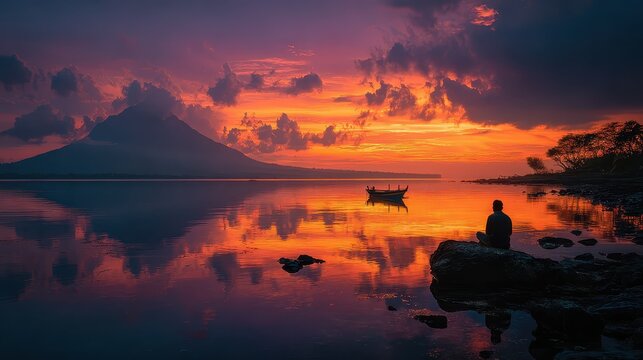 Man sits on the coastline at sunset watching waves crash with mount mayon in the background