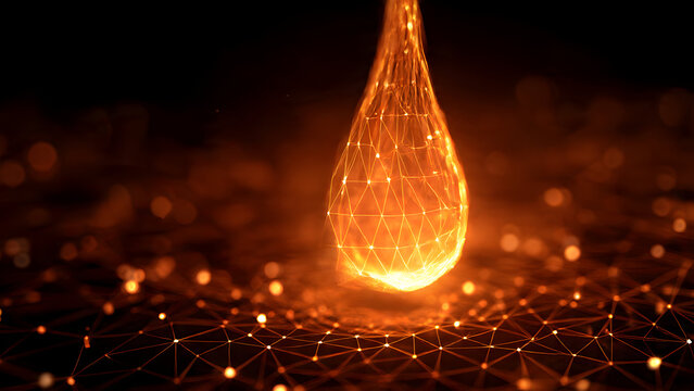 Hyper-detailed hand with abstract low poly blood drop featuring glowing cherry red wireframe edges, transparent polygonal mesh, and luminous light design