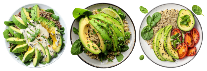 Healthy Avocado Dishes – Salad, Quinoa Bowls with Basil and Sesame Seeds for Food Blogs and Wellness Content