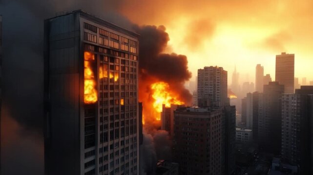 Inferno Over the Cityscape: A high-rise building is engulfed in flames, thick smoke billowing into the sky against a backdrop of a bustling cityscape during the twilight.