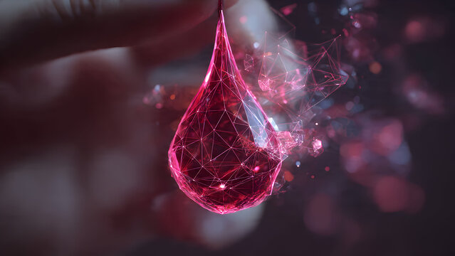 Stunning high-definition polygonal blood drop floating above palm with glowing pink wireframe structure, transparent facets, and abstract geometric light design