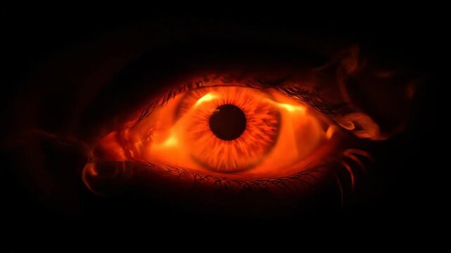 Close-up of human eye with fiery glow radiating from within. Intense orange tones create a captivating vision