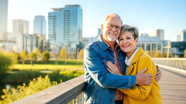 Happy senior couple embracing on a bridge with city skyline background