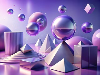Abstract 3d geometric shapes in pastel purple and pink tones with reflective surfaces and soft lighting