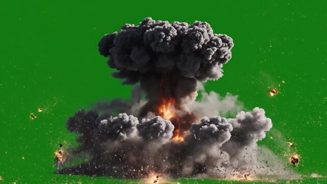 Massive explosion blast with fiery debris and smoke plumes on green screen background for visual effects and action sequences