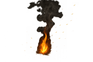 Burning fire element with dark smoke and glowing sparks, indicating warmth, destruction, and danger on transparent background