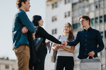 A group of young business associates connect outside a contemporary office building, exchanging...