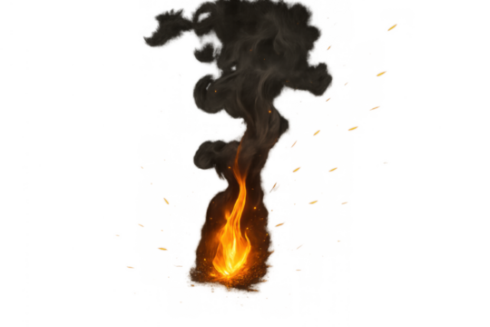 Burning fire element with dark smoke and glowing sparks, indicating warmth, destruction, and danger on transparent background - Powered by Adobe