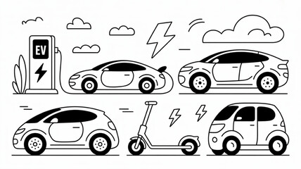 Fototapeta premium Electric vehicle icon set clean line art illustration of EV charging station car and scooter for sustainable transportation and eco-friendly lifestyle concepts