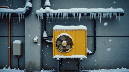 Industrial Heating Unit – Frozen Icicles and Snowflakes on Yellow Equipment for Ecological Winter Infrastructure Presentations