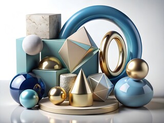 Abstract geometric arrangement of spheres cubes and cones in pastel and metallic colors