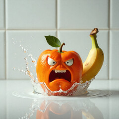 Angry orange with a face splashing in water a banana in the background conceptual food photography