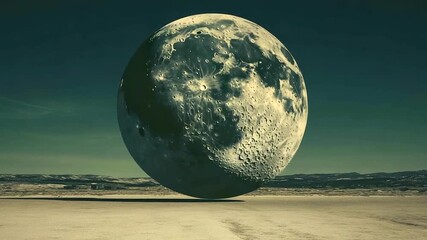 Surreal scene of the moon hovering low over a barren, sandy desert landscape - Powered by Adobe