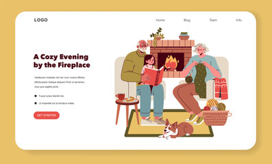 Naklejka premium Family Enjoys Cozy Evening by the Fireplace Vector