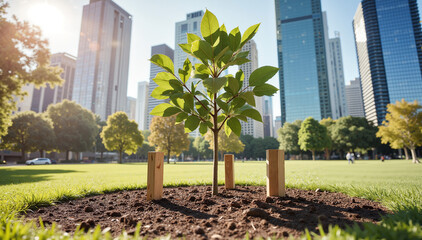 Urban Tree Planting – Young Sapling with Support Stakes for Ecology Awareness and City Landscape Design