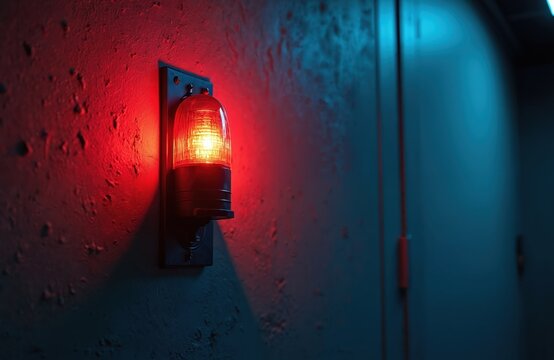 Flashing red alarm light on textured wall in dark room. Emergency alert signal casts eerie glow. Cautionary illumination indicates hazard. Security warning light, danger beacon. - Powered by Adobe