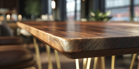 Close-up of a wooden table with metal legs in a restaurant.